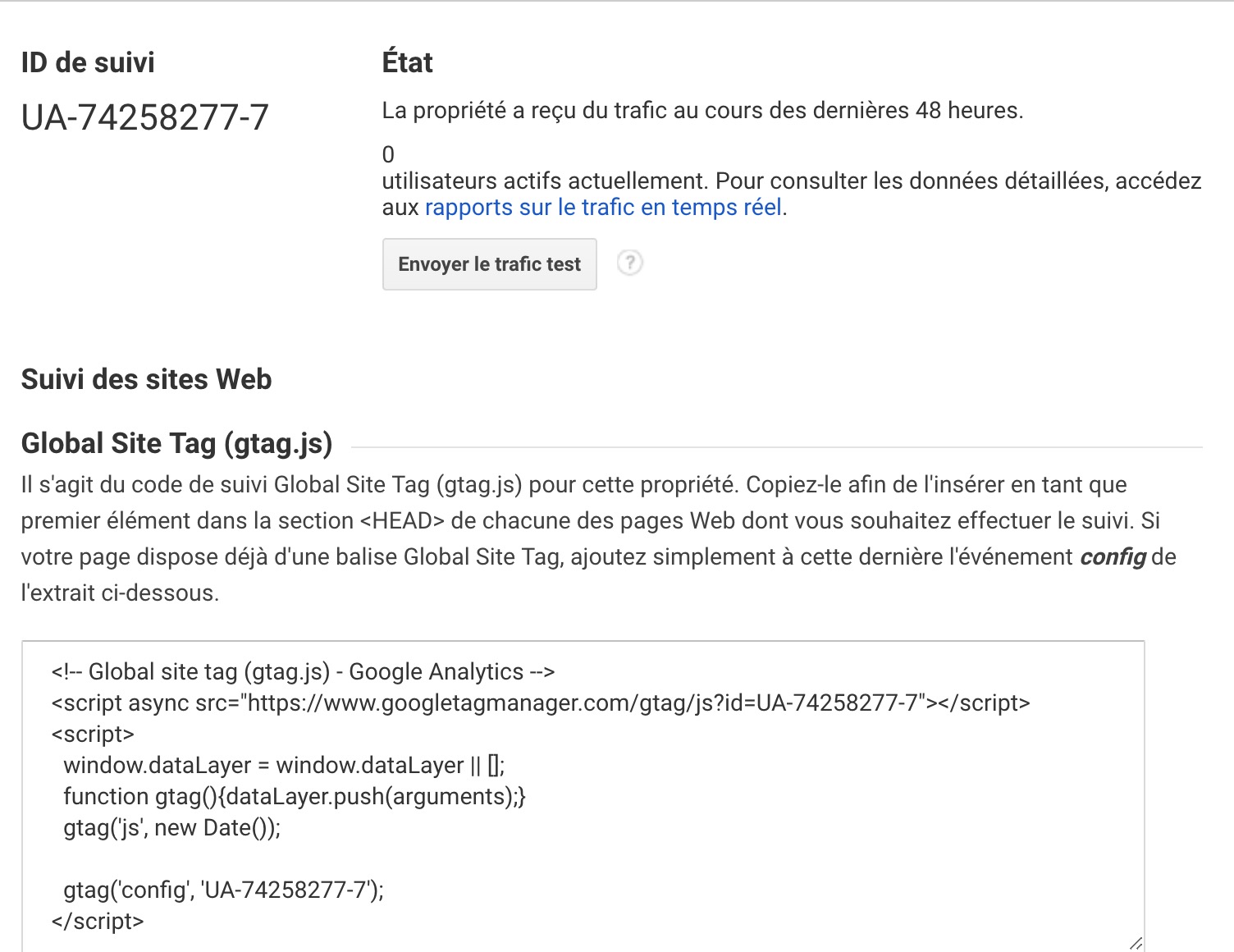 Récupération du code de suivi par Google Analytics