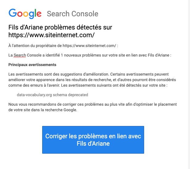 Capture d'écran de l'émail reçu suite à la déprécation a venir de data-vocabulary